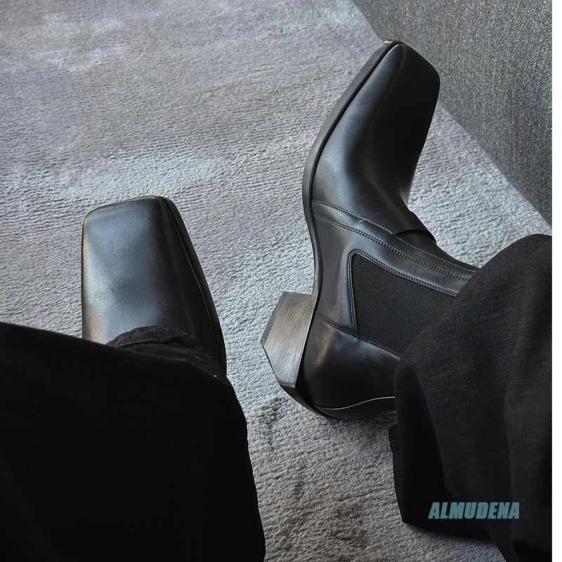Men Shoes Formal - 스퀘어 토 남성용 블랙 가죽 첼시