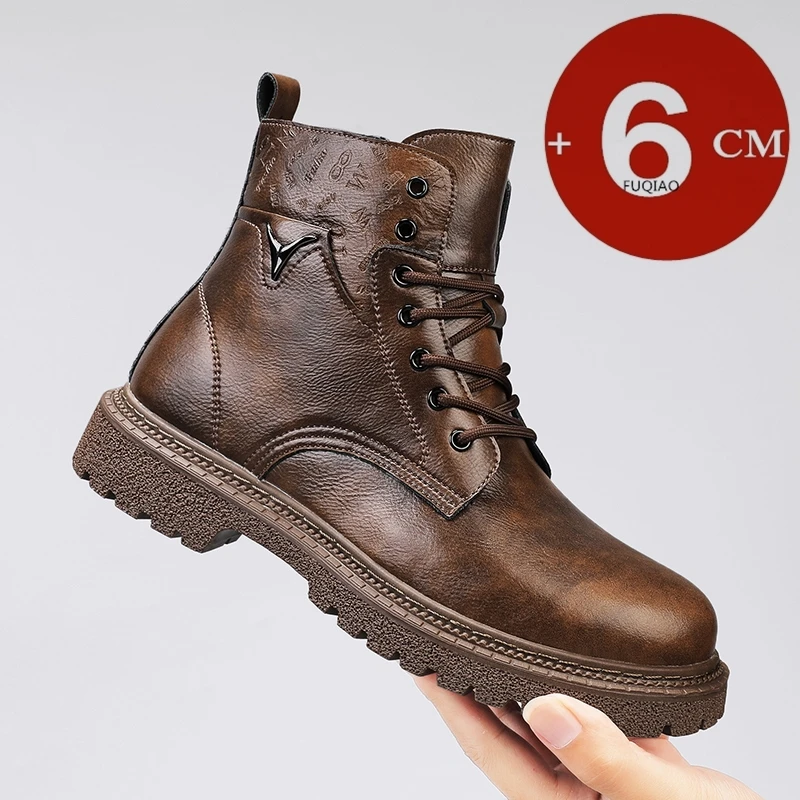 Men'S Shoes Increase Height - 6cm 키높이 남성 부츠 가죽 야외