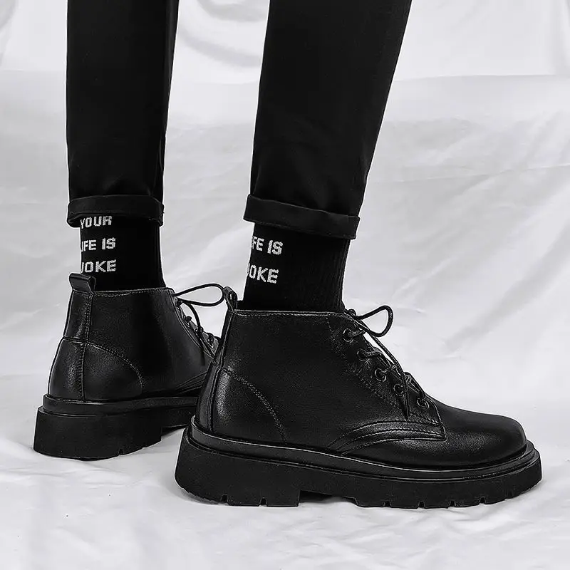 Men'S Shoes Increase Height - 가죽 블랙 남성 하이탑 레이스업 부츠
