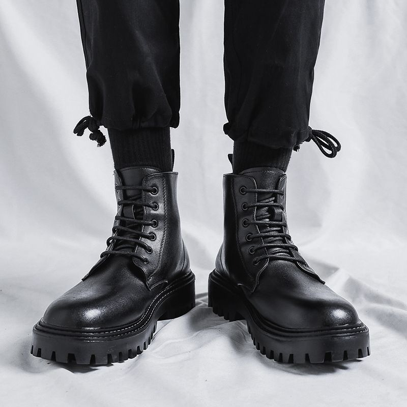 남성 하이탑 가죽 부츠 패션 영국 스타일 레트로 두꺼운 - Men'S Shoes Increase Height 리뷰 및 가격