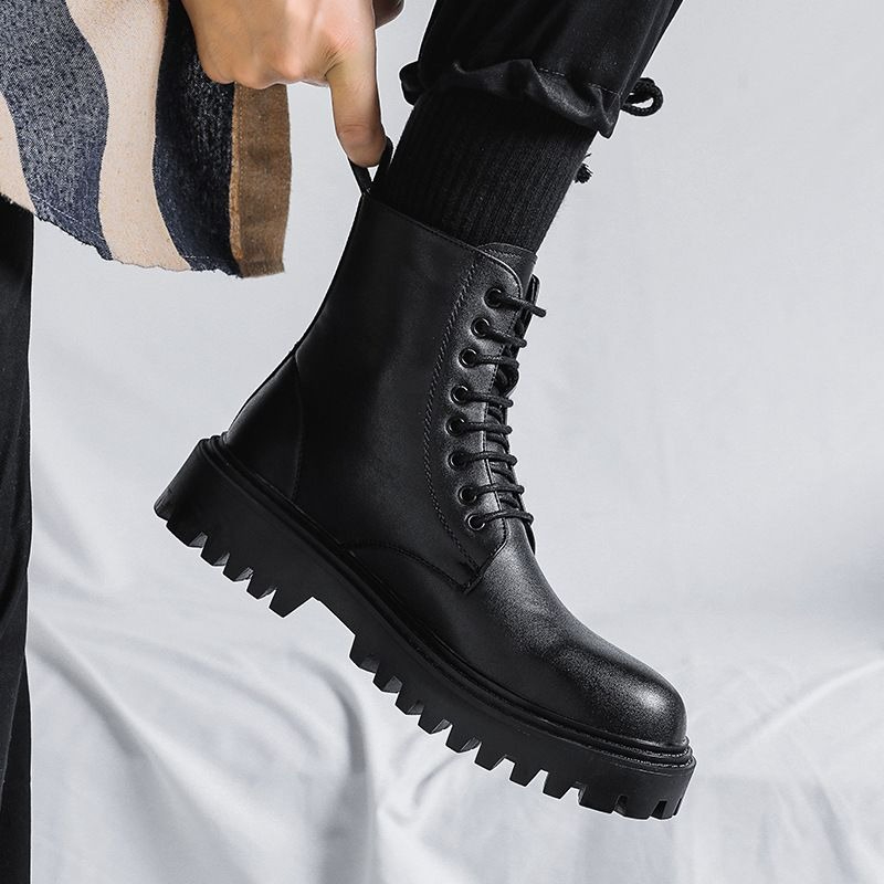 남성 하이탑 가죽 부츠 패션 영국 스타일 레트로 두꺼운 - Men'S Shoes Increase Height 리뷰 및 가격
