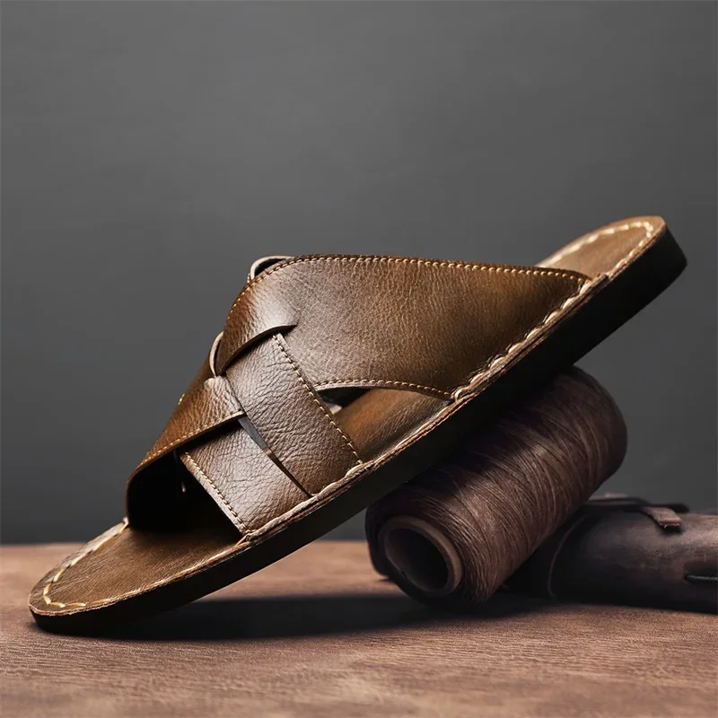 정품 가죽 남성 캐주얼 샌들 여름 남성 슬리퍼 야외 통 - Men'S Shoes Temu 리뷰 및 가격