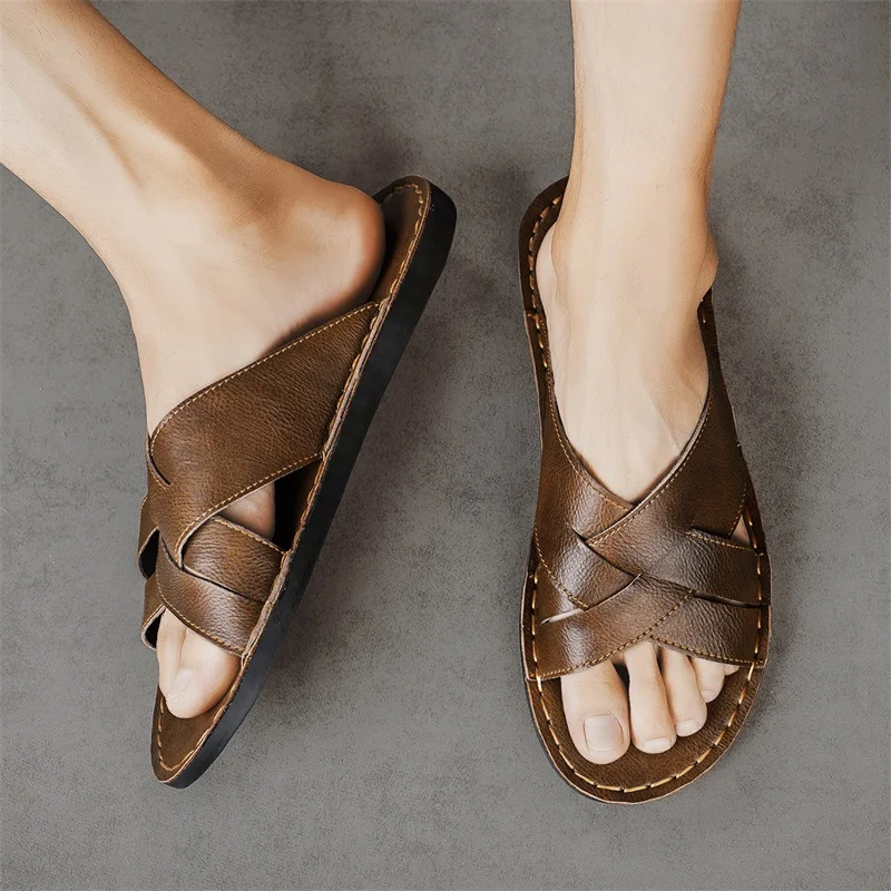 정품 가죽 남성 캐주얼 샌들 여름 남성 슬리퍼 야외 통 - Men'S Shoes Temu 리뷰 및 가격