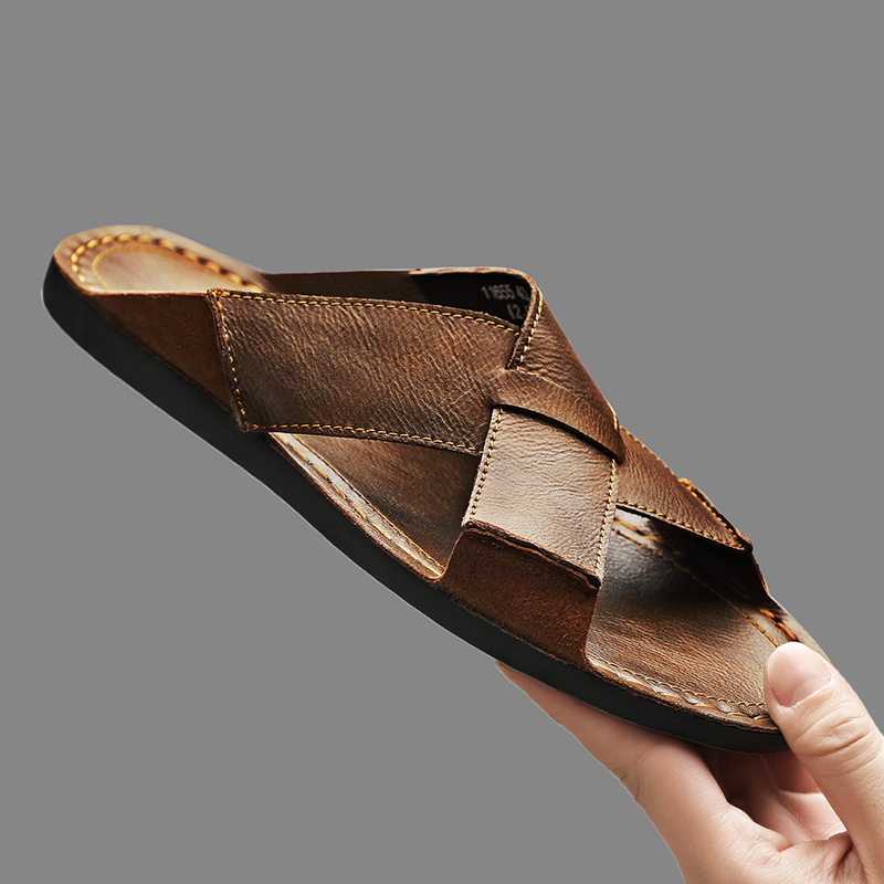 패션 정품 가죽 남성 슬리퍼 여름 남성 샌들 야외 비치 - Men'S Shoes Temu 리뷰 및 가격