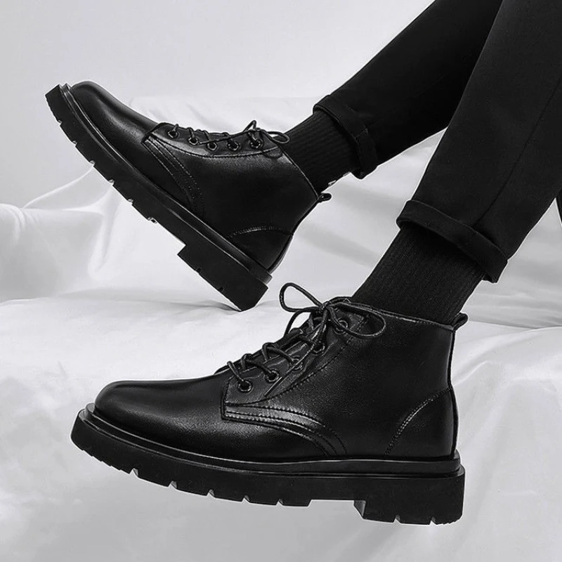 가죽 블랙 남성 하이탑 레이스업 부츠 가을 영국 스타일 - Men'S Shoes Increase Height 리뷰 및 가격