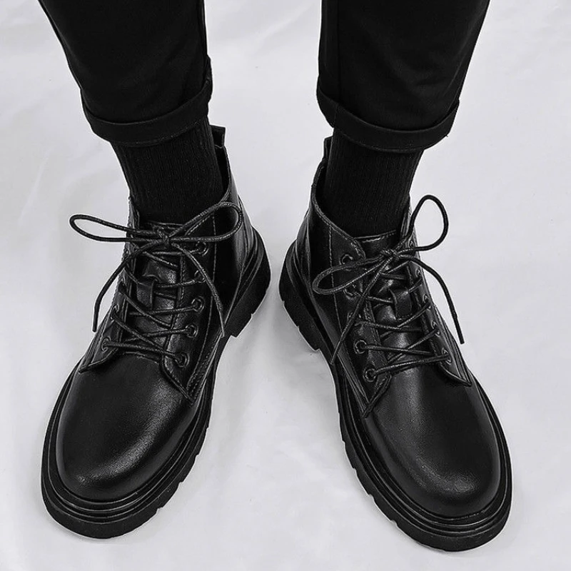 가죽 블랙 남성 하이탑 레이스업 부츠 가을 영국 스타일 - Men'S Shoes Increase Height 리뷰 및 가격