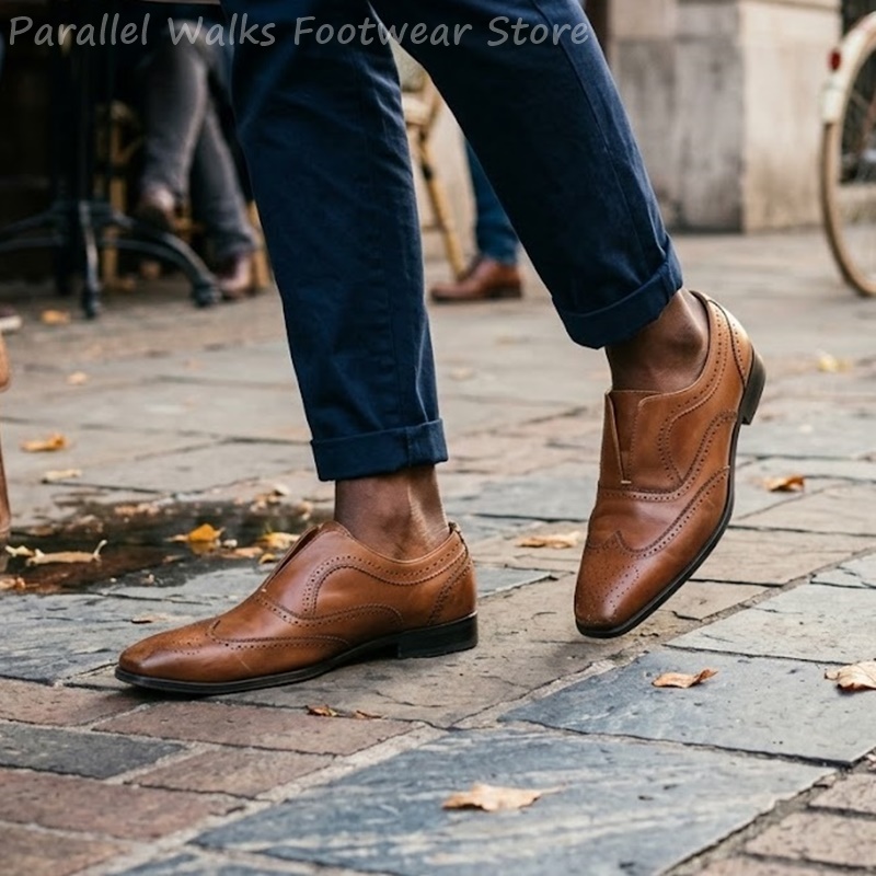 남성용 브라운 가죽 브로그 슈즈 슬립온 탄성 천공 윙팁 - Men Shoes Formal 리뷰 및 가격