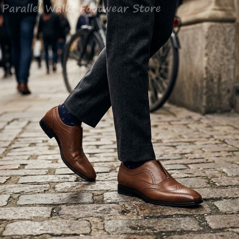 남성용 브라운 가죽 브로그 슈즈 슬립온 탄성 천공 윙팁 - Men Shoes Formal 리뷰 및 가격